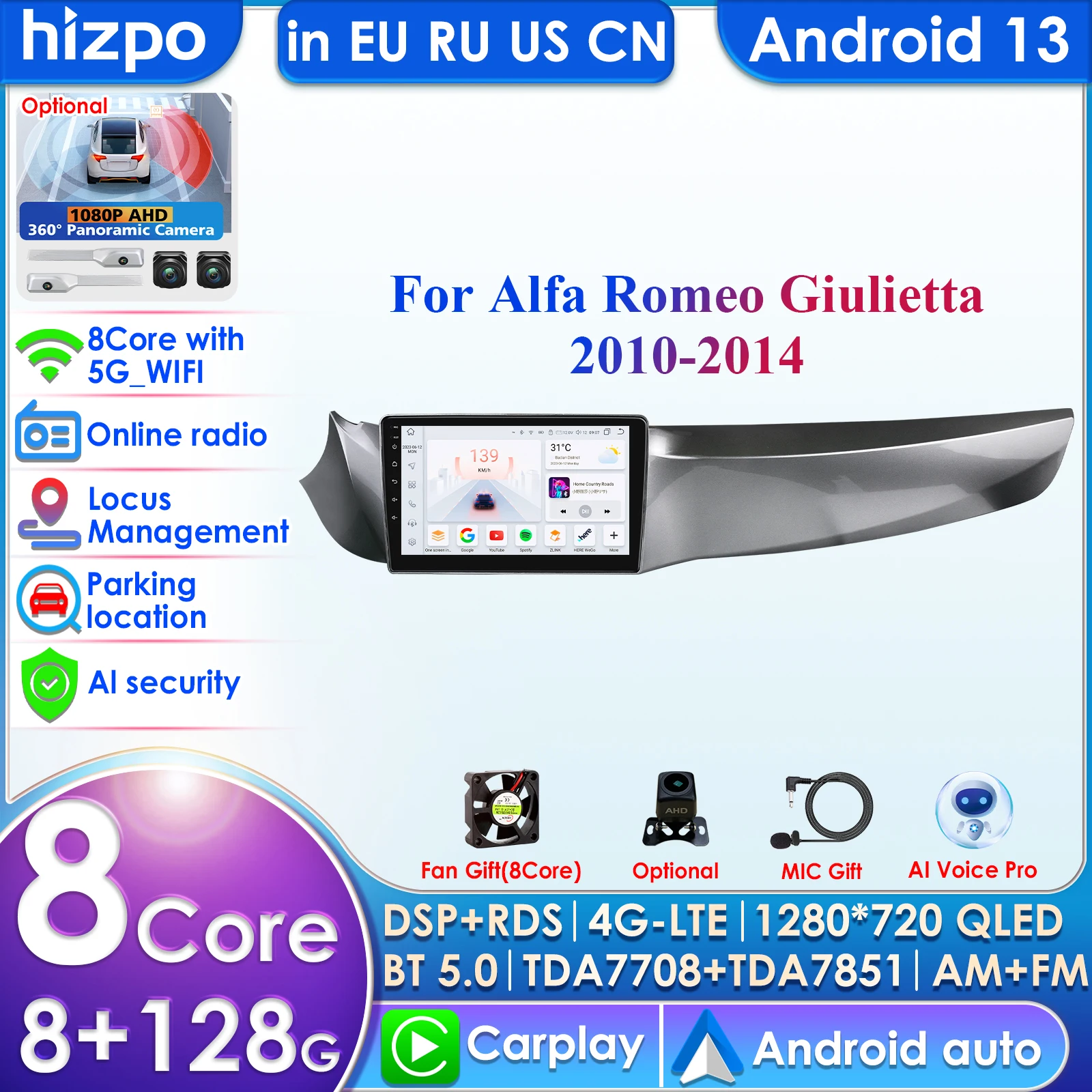 

7862 2din Android 13 Car Radio for Alfa Romeo Giulietta 2010 - 2014 Furgonato GPS Navigation Head Unit Carplay 4G RDS DSP Stereo