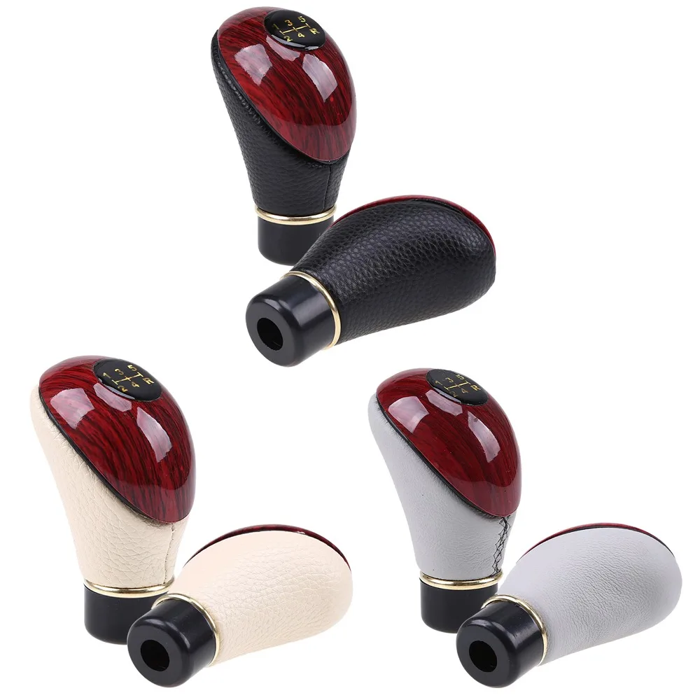 Car Shift Knob Wooden PU Leather Universal Car Truck 5 Speed Lever Manual Gear Stick Knob Shift Gloss