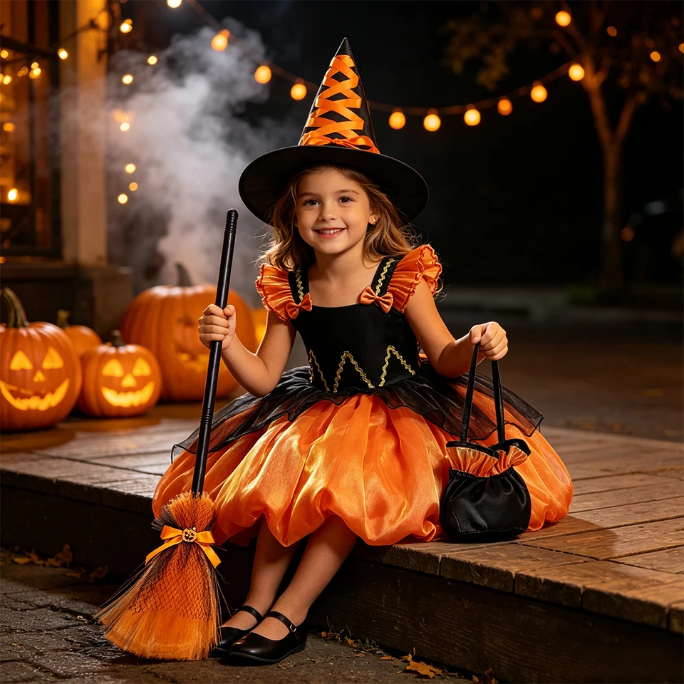 Disguised Child Orange Pumpkin Tutu Witch Dress for Girls Halloween Cosplay Festival Party Performance Carnival Children Costume
