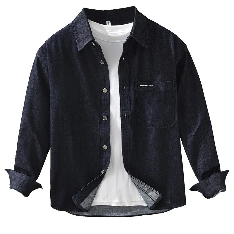 Denim Plain Shirt Work Loose Fashion Long Sleeve Black Blue Shirts For Men Clothes Military Casual Loose  Spring Autumn 2024