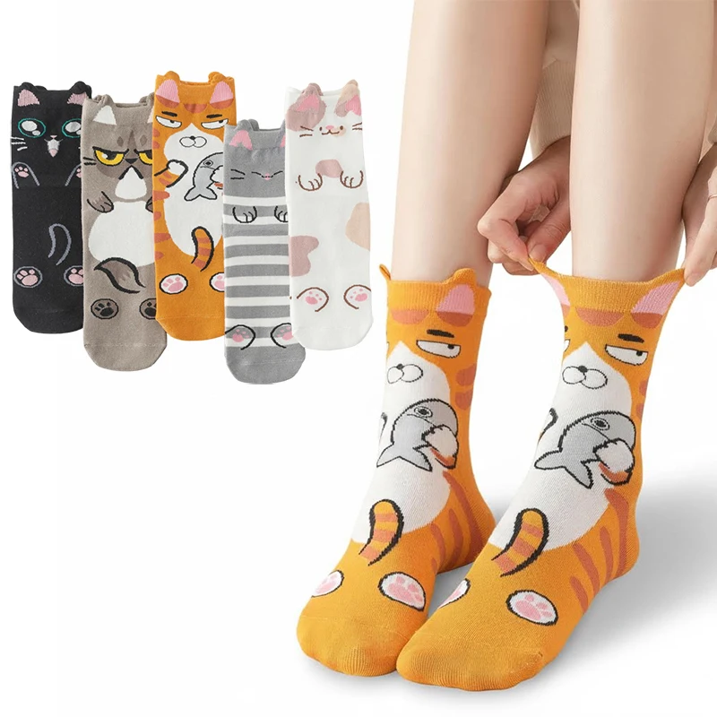 5 Pairs Women Socks Four Seasons Kawaii Cartoon Cat Animal Cute Cotton Casual Harajuku Female Breathable Funny Socks For Ladies