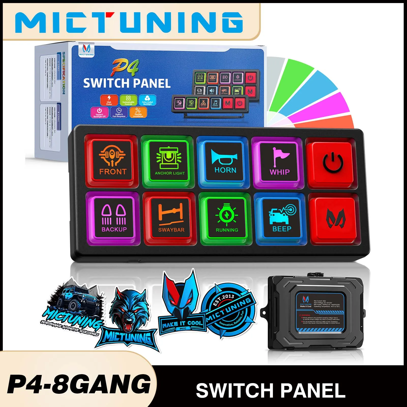 

MICTUNING P4 8 Gang Neon Switch Panel,Compact & Flexible Control Panel,LED Backlit Silicone Buttons, Toggle On-Off Touch Pod