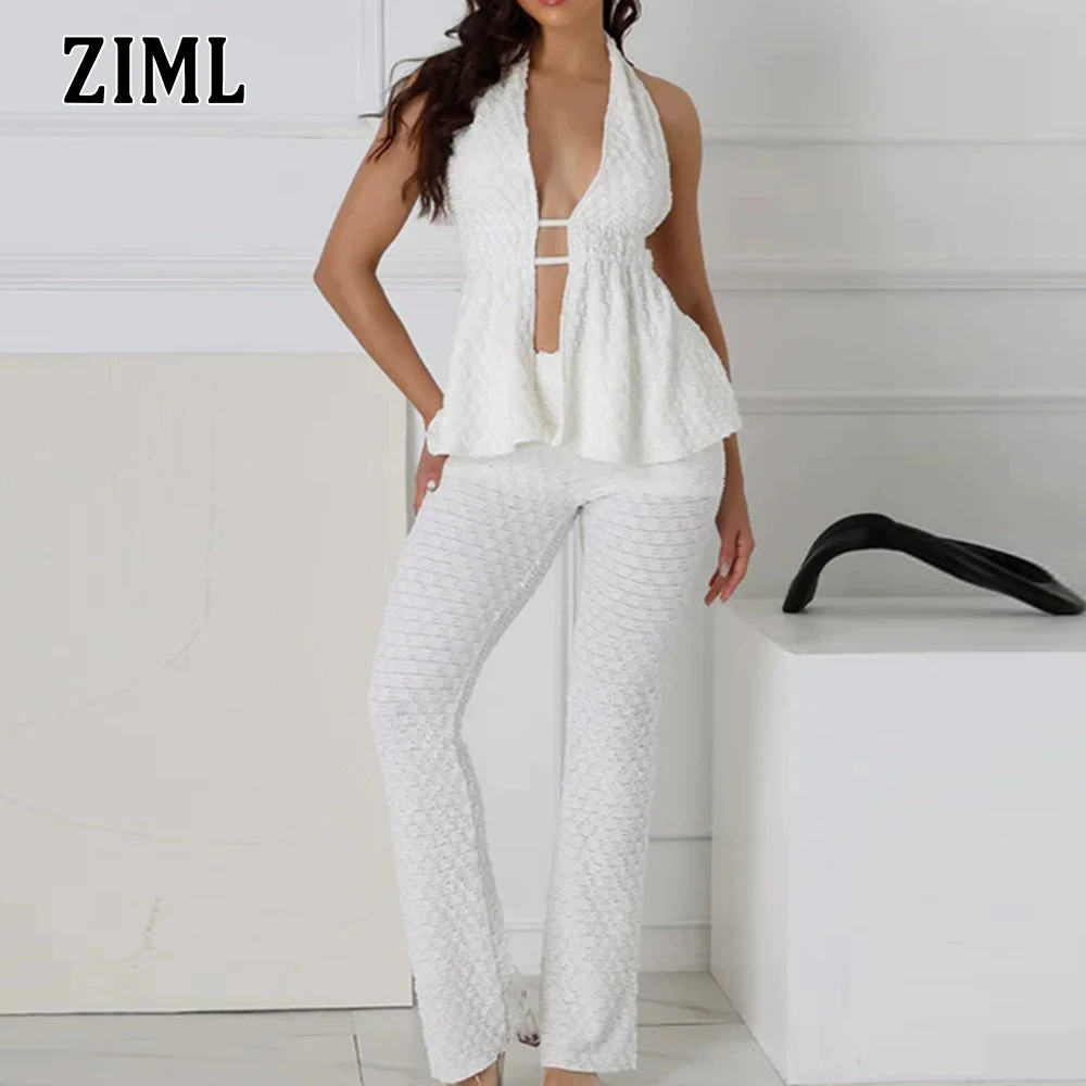 

ZIML однотонные комплекты из двух предметов для женщин, сексуальная туника без рукавов с лямкой на шее, топы с высокой талией, утягивающие брюки, шикарный комплект, женская мода, лето