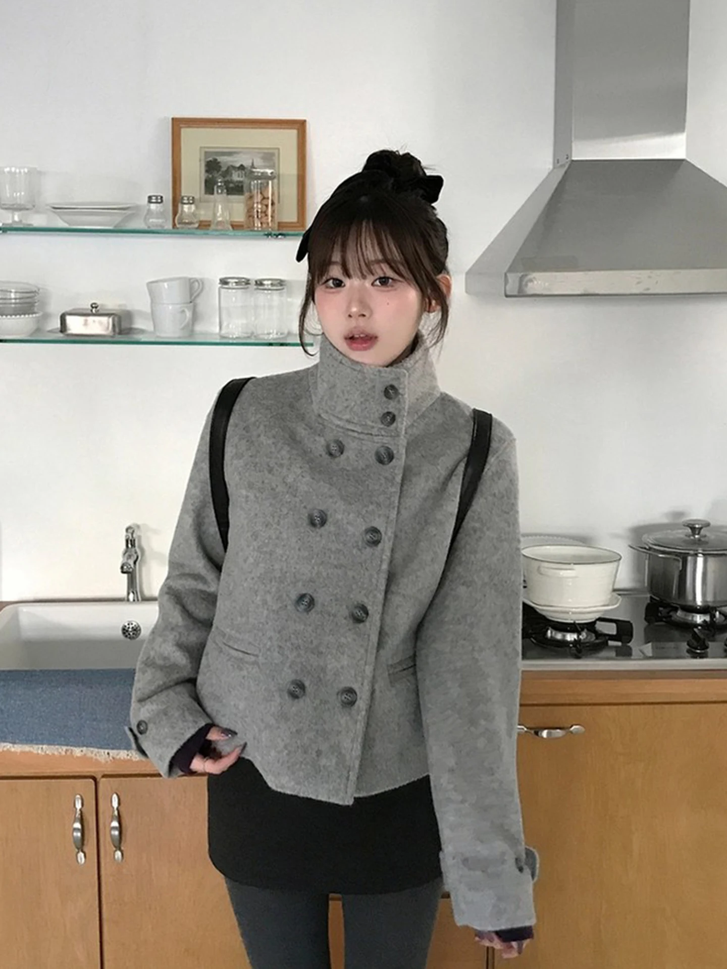 

Classic Double-Breasted Pure Color Woolen Jaet Women's ort Sle Winter Coat Korean Version Loose Fit Long Sve