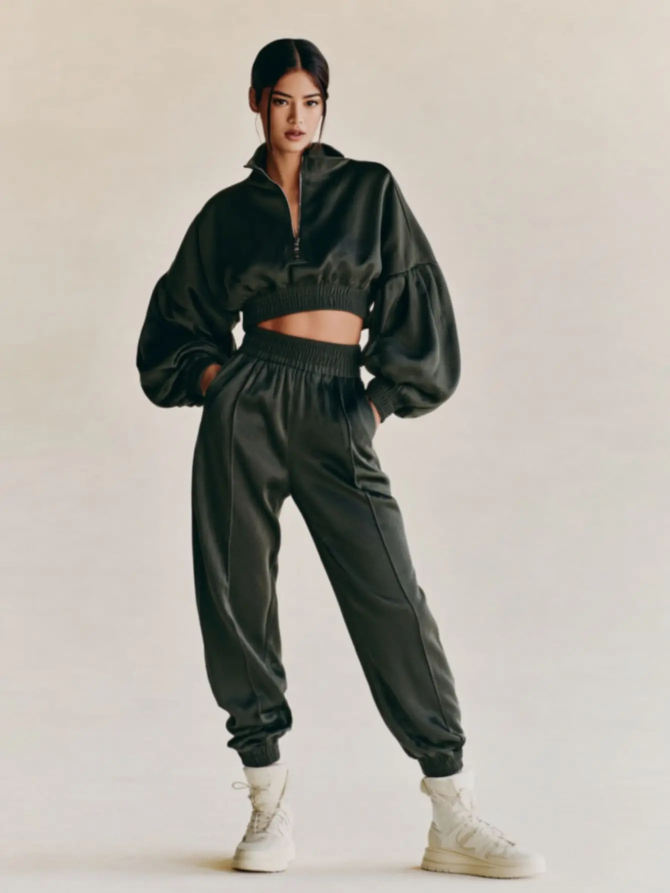 

Mia Muse Select Autumn Sets 2025 Women's K-Fashion Zipper Plain Long Sleeve Lapel T-Shirts High Waist Pencil Pants Casual Sets