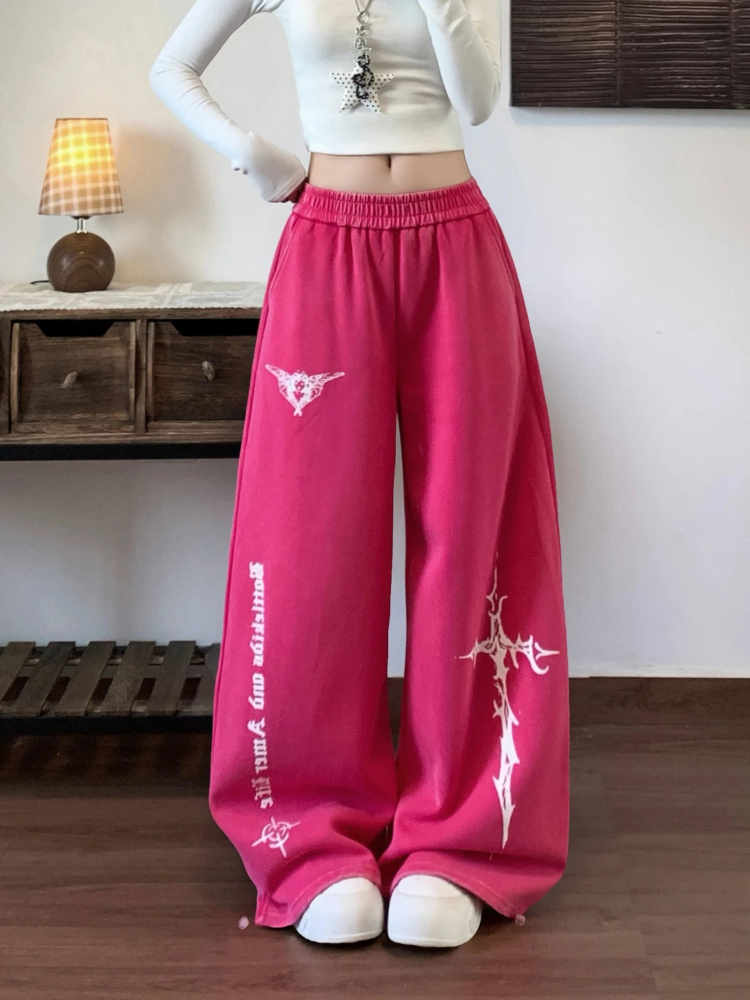 American Style High Waist Wide Leg Sweatpants Men Women Loose Fit Dance Pants Vintage Washed Cross Print Casual Trousers