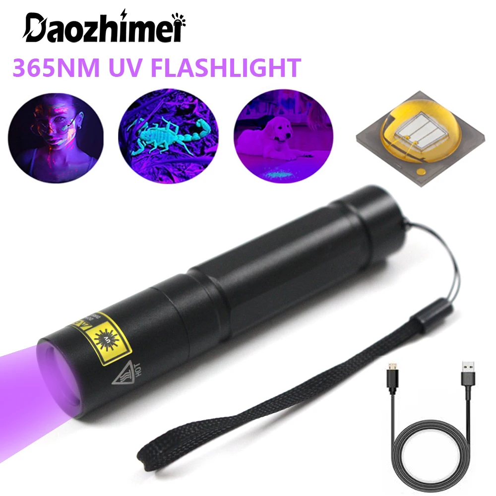 High Power usb Ultra Violet LED Light, 365nm UV Flashlight, Black Light, Pet Urine Stains Detector, Marker, 18650 Torch