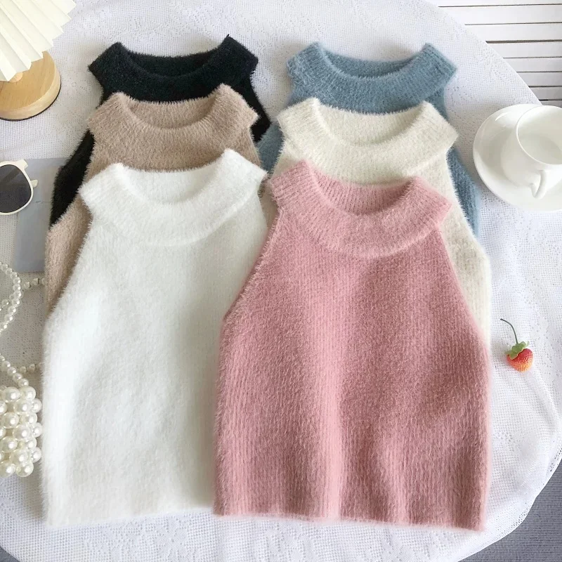 New Summer Vintage Feather Halter Camis Women Sexy Sleevless Knitted Tank Ladies All Match Casual Loose Bottom Vest Short Tops