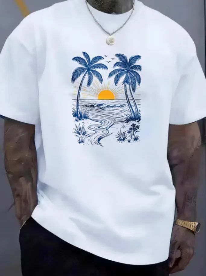 Men's Summer Tops Casual Short Sleeve T Shirt Sunset Palm Trees Ocean Waves Daily & Travel Vacation Men's Fashion Top Trendy Top