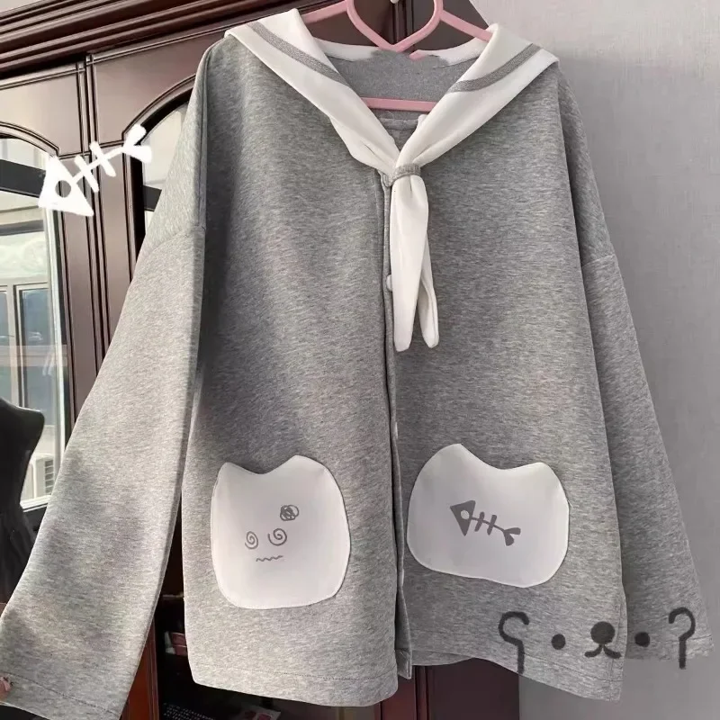 Subculture Navy Collar Bear Ears Long-sleeved Hoodies Female Spring and Summer Autumn Jacket Blue Kawaii Cute Sweet Y2k Coats