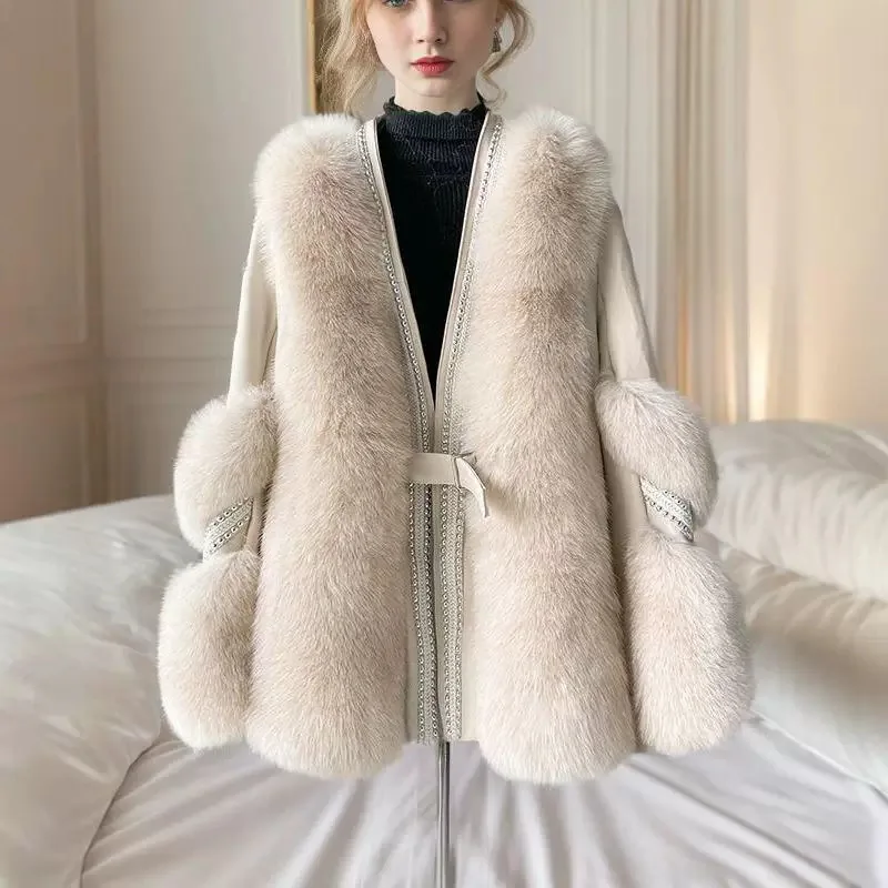 سترة نسائية من فراء الثعلب الصناعي ملابس خارجية شتوية من قطعة واحدة معطف هاينينغ أصل عصري ودافئ
