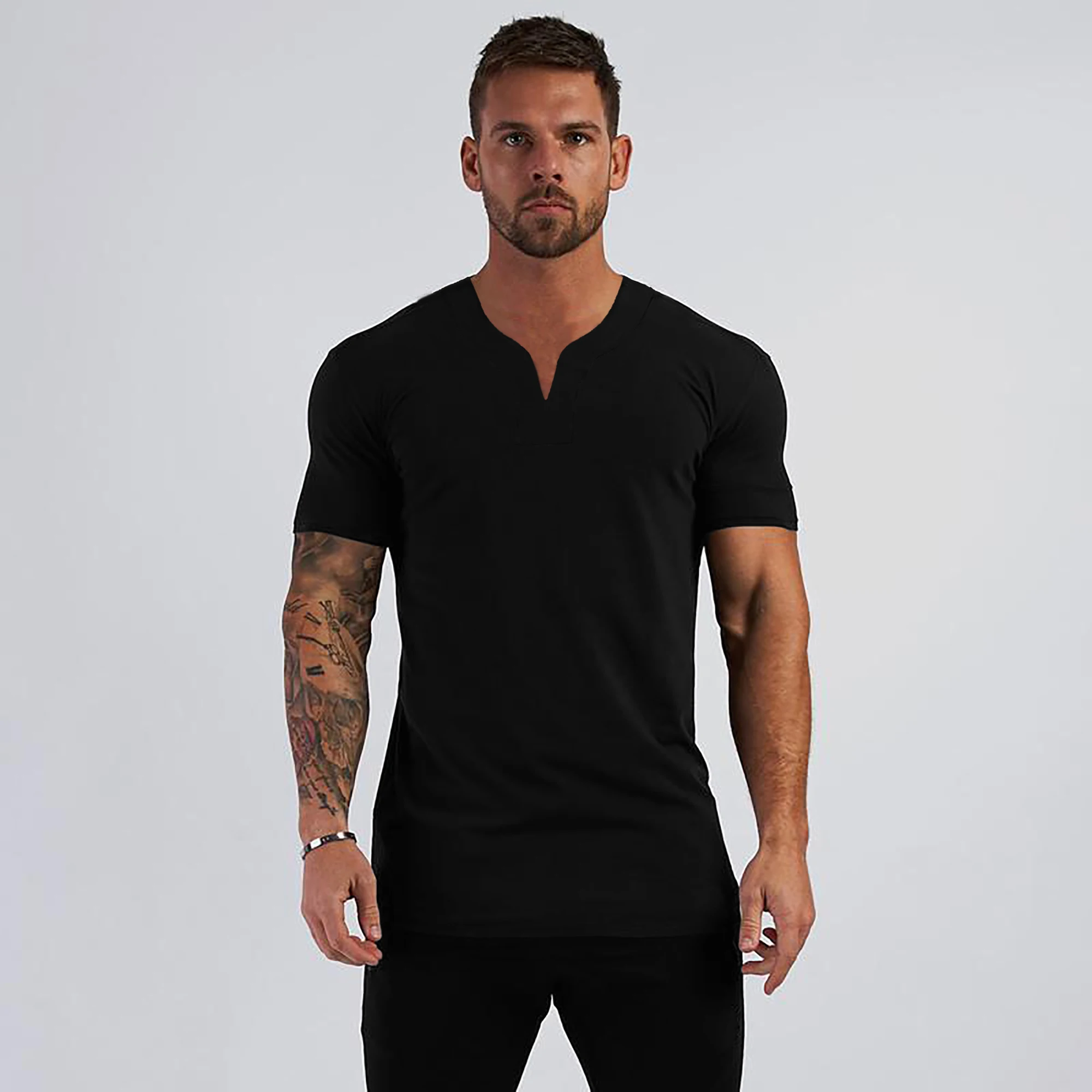 Summer New Arrivals Small V Neck Short Sleeve T Shirt Men Slim Fit Fashion T-shirt Sports Casual Gym Clothing Fitness Tshirt