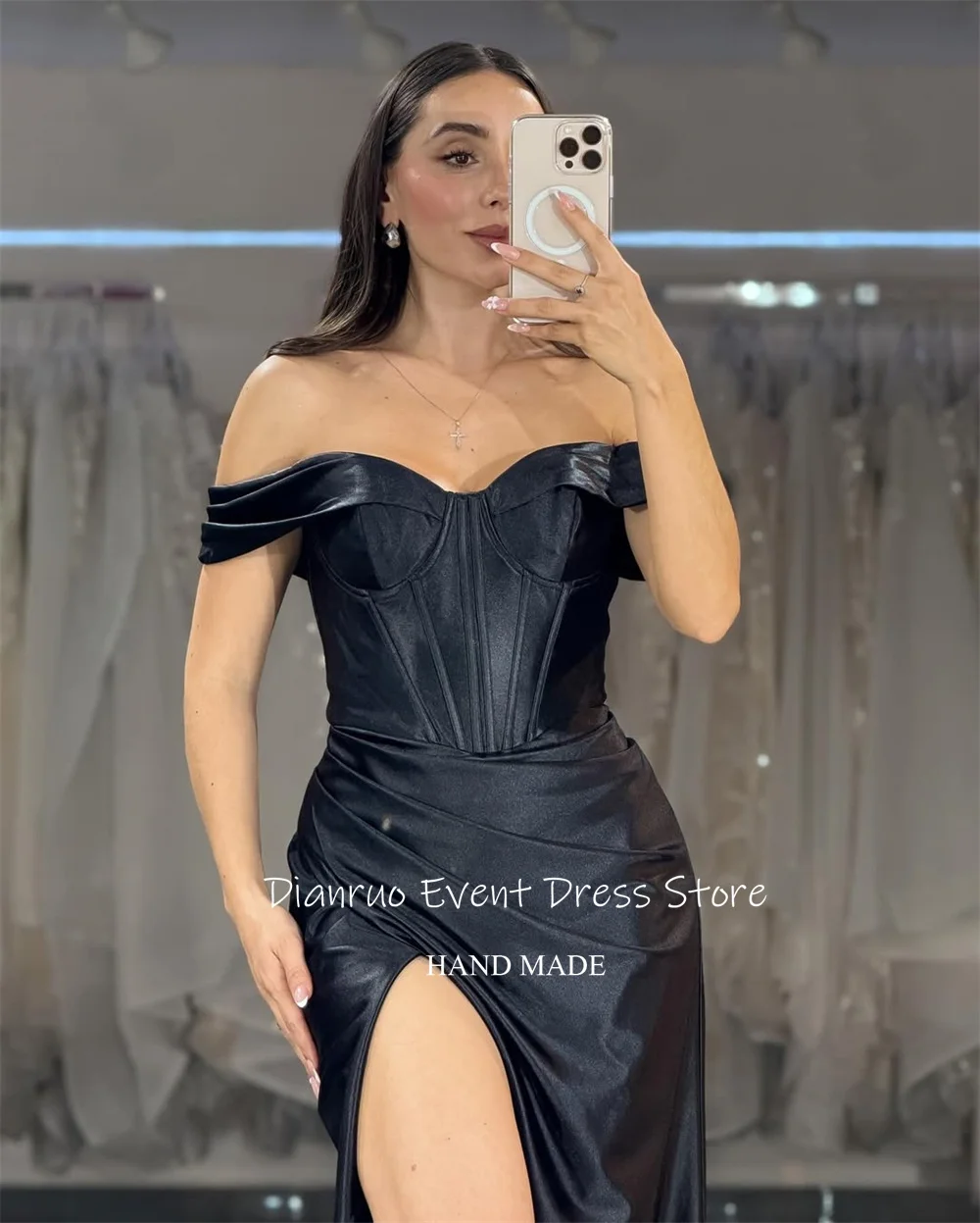 Dianruo 黒恋人イブニングドレスオフショルダーサテンウエディングドレスハイスリットグラマラスアビトセリモニアドナカスタマイズ