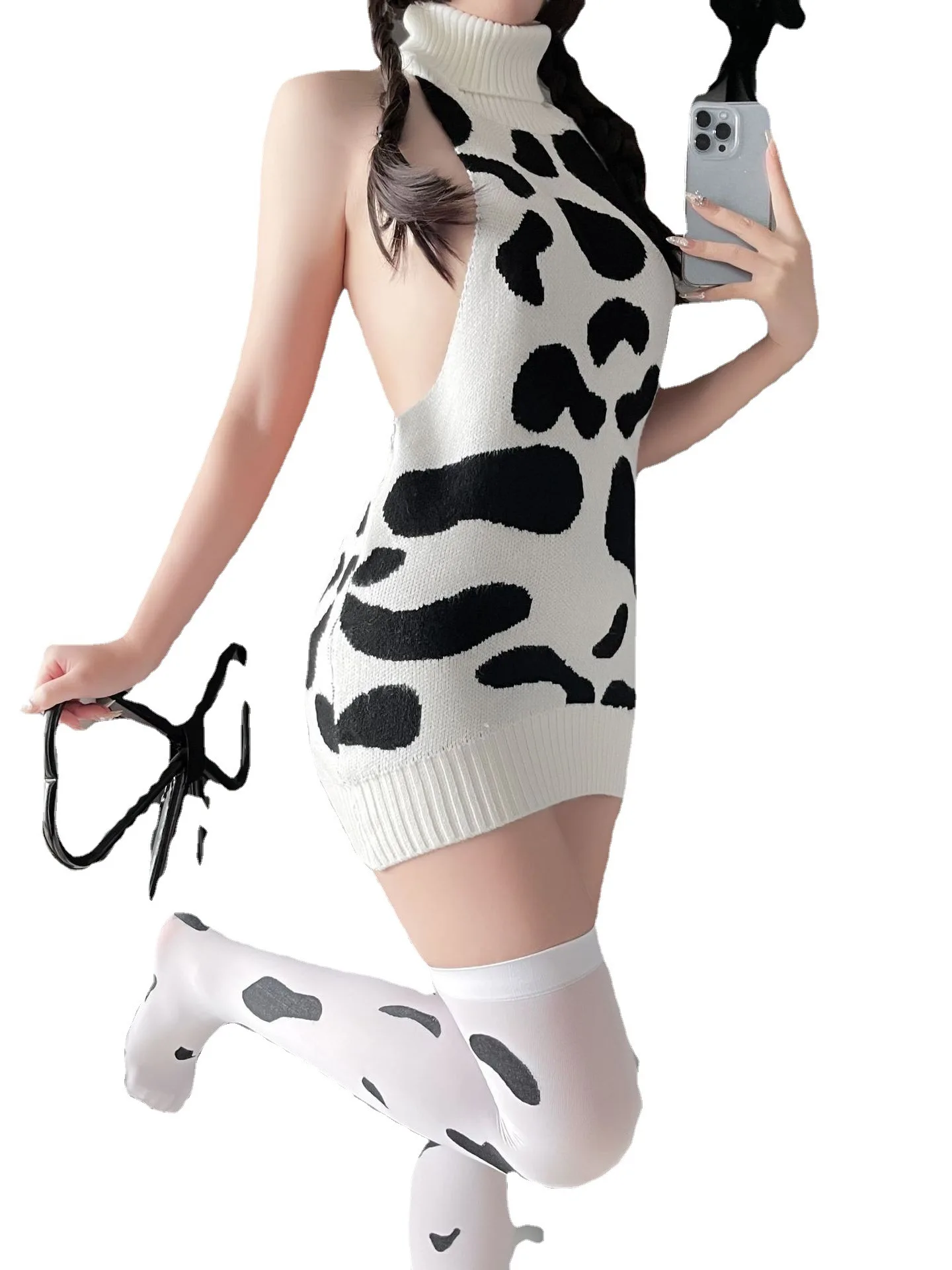 2023 New Lingerie Women\'s Sexy Contrase Fashion Charm Bold Mature Gentle Lovely Cow Sweater Temptation Bed Set Open Dress 19JO