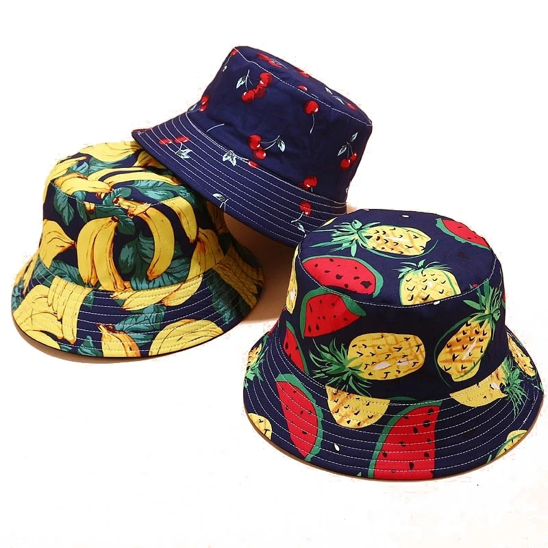 Avocado Bucket Hat Women Men's Summer Panama Hat Hip Hop Caps Reversible Fruit Print Banana Watermelon Beach Fisherman Hat