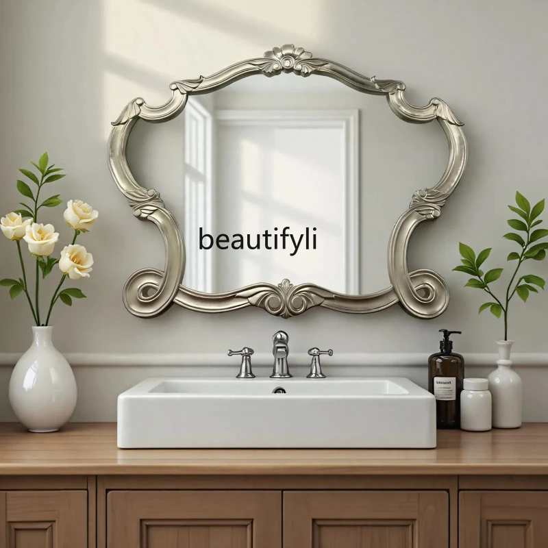 

French retro bathroom mirror carved fireplace decorative mirror intelligent wall-mounted makeup mirror with lamp