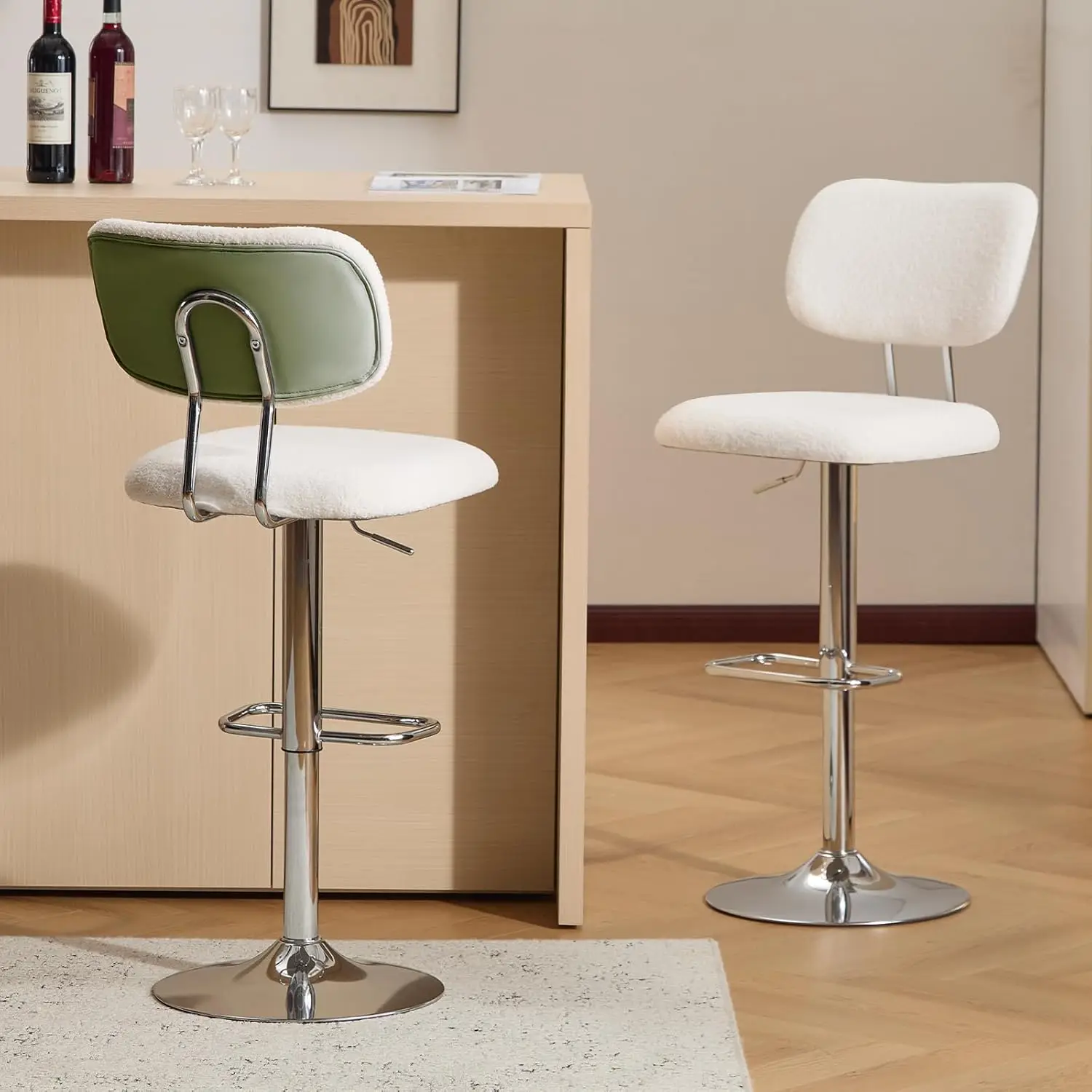 

Adjustable Bar Stools Set of 2, Modern Teddy Velvet Swivel Barstools with Curved Back, Stylish Armless Counter Height Ba