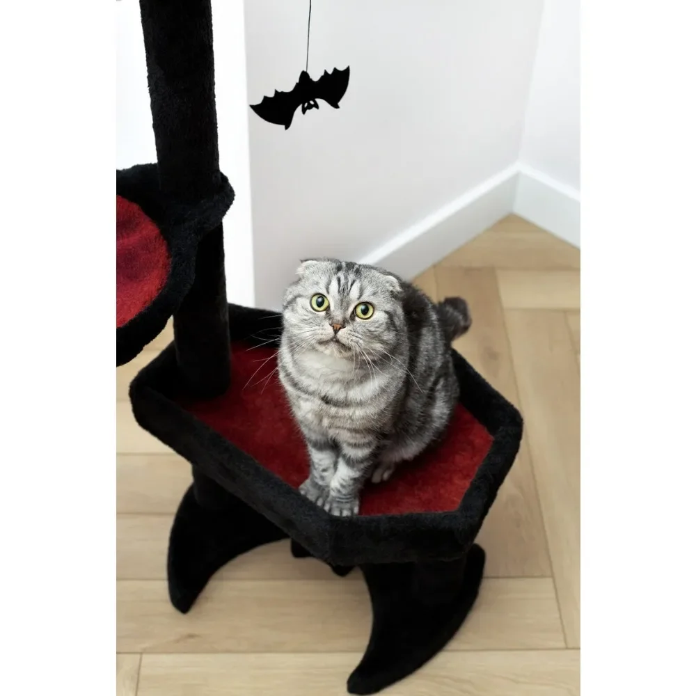 Gothic Cat Tree with Coffin Cats Bed, Hammock, Spider & Bat Goth Cats Toys - 35 Inch Tall Coffin Cat Tree