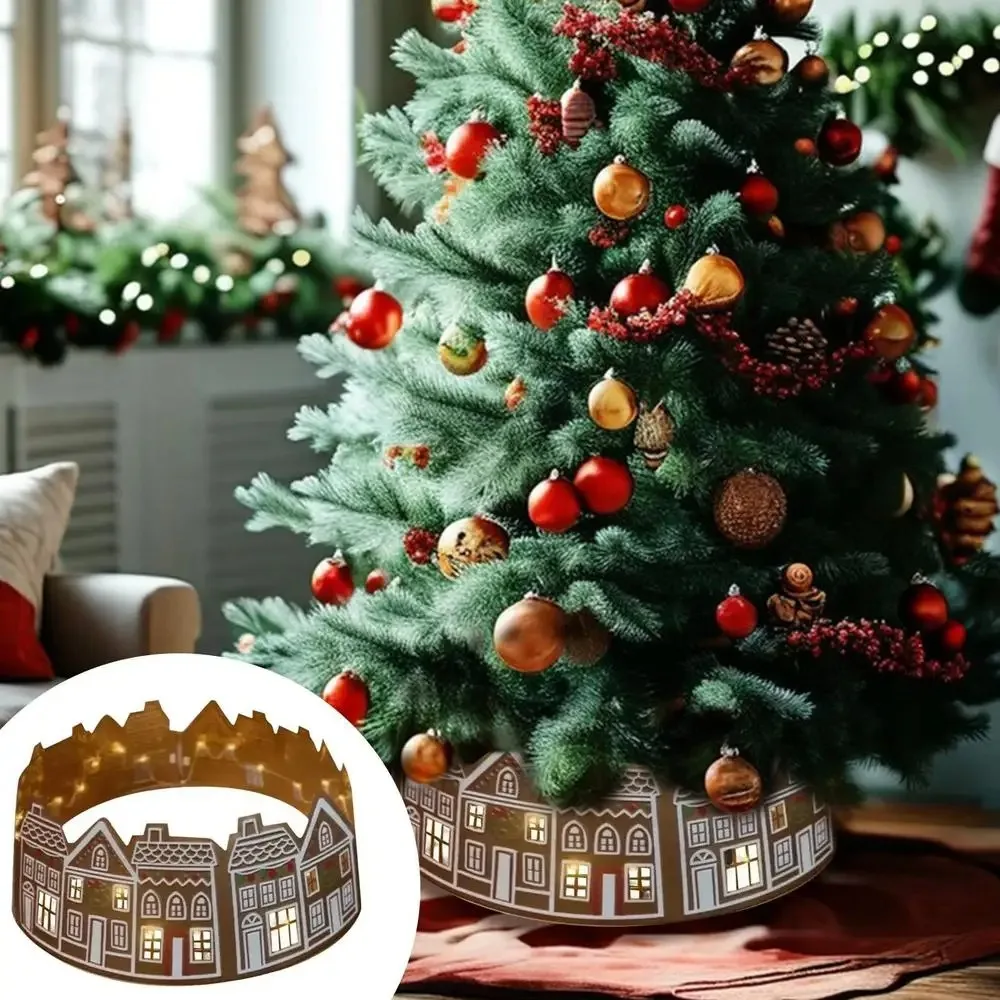 LED Christmas Tree Collar with Light Gingerbread House Christmas Tree Skirt PVC Reusable Xmas Tree Base Cover Market