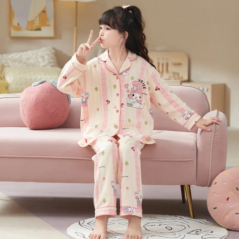 لطيف Kuromi الأطفال القطن الخالص الكرتون منامة بلدي ميلودي الإناث ربيع الخريف طويلة الأكمام السراويل التلبيب صالة الملابس دعوى