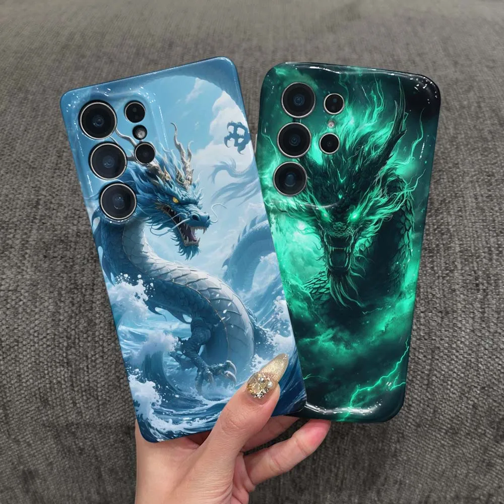 Capa de Celular Dragão Mítico Chamas de Trovão para Samsung Galaxy S26 S25 S24 S23 S22 FE Plus Ultra, Capa de Celular Feilin com Efeito de Onda de Óleo