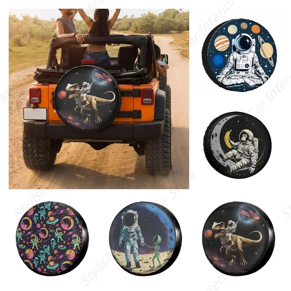 Astronaut Meditation Spare Tire Cover for RV Trailer Sun Planets and Stars on Background Wheel Protectors Weatherproof