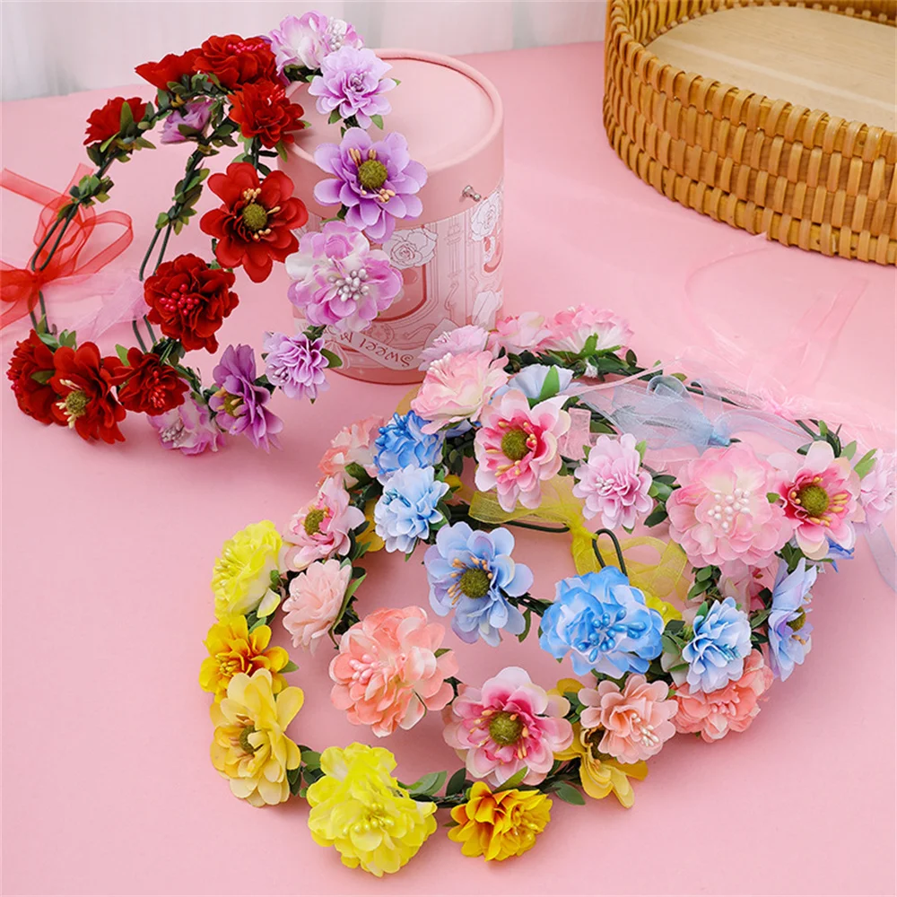 Colorful Rose Flower Crown Fashion Girls Floral Wreath Bridal Halo Headpiece Flowers Leaves Headbands with Adjustable Ribbon