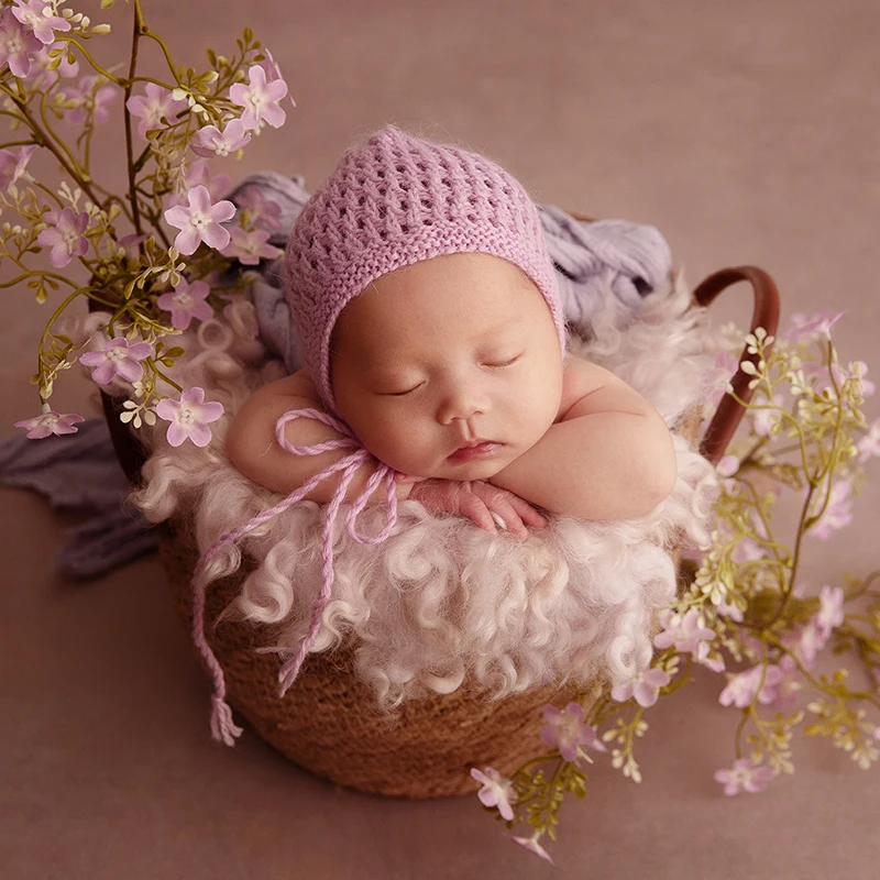 Fotografia noworodkowa Seersucker Wrap Miękki wełniany filcowy koc Baby Photo Head Flower Prop Baby Posing Basket Filler Akcesoria