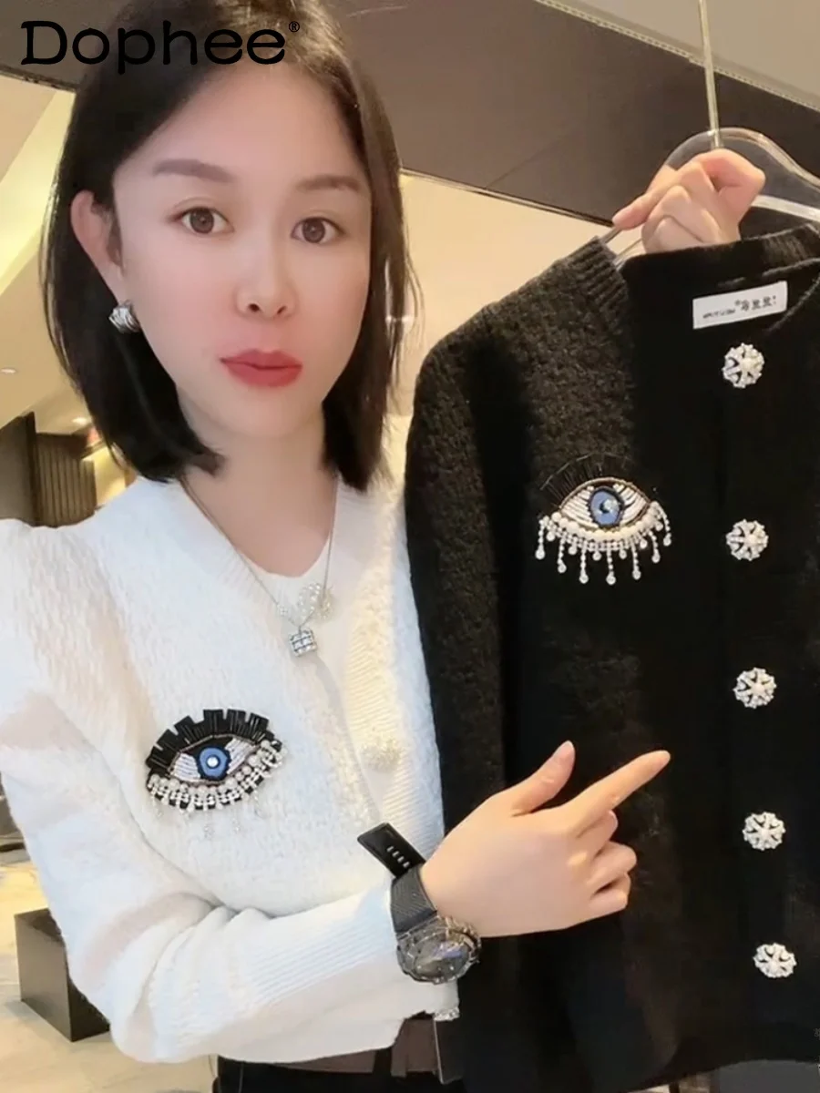 French Style Exquisite Rhinestone Knitted Cardigan Women Autumn Winter New Temperament Round Neck Long Sleeve Sweater Coat