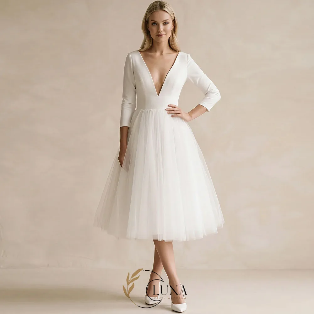 Luna Short Wedding Dress Robe De Mariee Customized V Neck Long Sleeves Beading Belt A Line Bridal Gown Ankle Length Bride Dresse