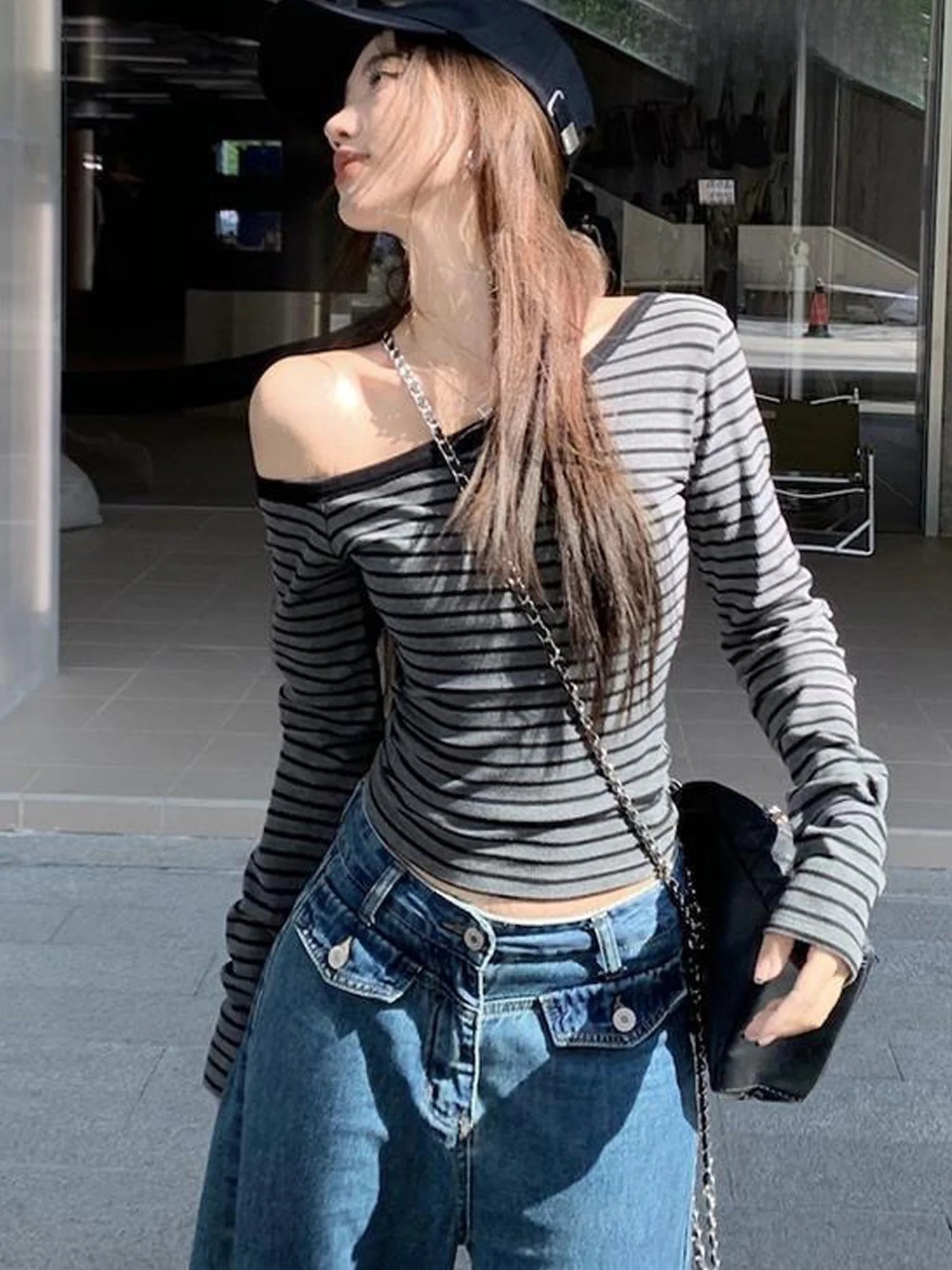 Slim Fit Striped Long Sleeve T-Shirt Women's Short Style Shoulder Bared Side Collar Casual Fashion Korean Version High Waist