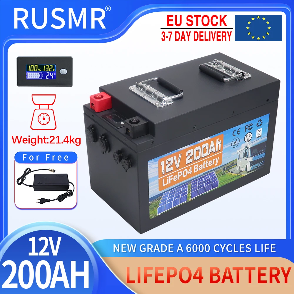 New 12V 200Ah LiFePO4 Lithium Iron Phosphate Rechargeable Battery Bulit-in BMS For RV Campers Golf Cart Solar Storage + Charger