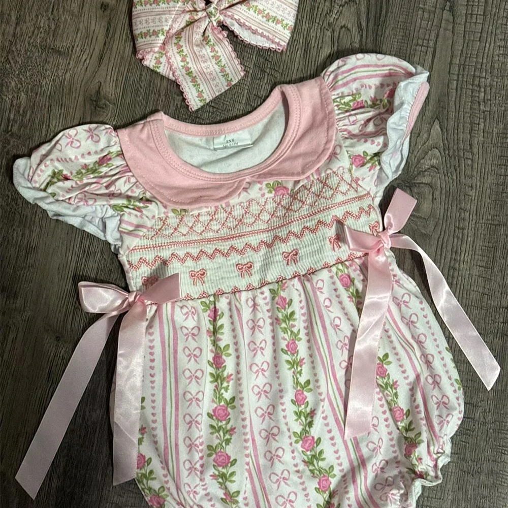 

Baby Girls Pink Floral Romper Short Sleeves Smocked Embroidery with Ruffles And Bow Summer Outfit for Infants