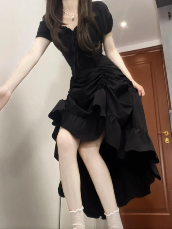 

Four-Ways-To-Wear Plus-Size Short-Sleeve Dress Slimming Waist High-Waisted A-Line Skirt Black Polyester Fiber Spring-Autumn C...