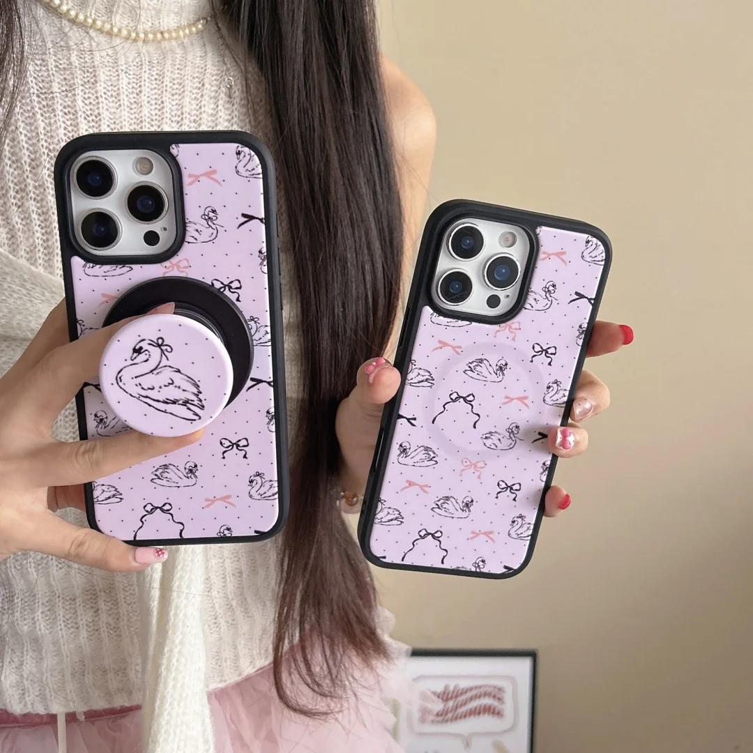 

Korea INS Cartoon bow Sweet Swan Magnetic Stand Holder Mobile Phone Case for IPhone 13 14 15 16 Pro Max Wireless Charge Cover﻿﻿