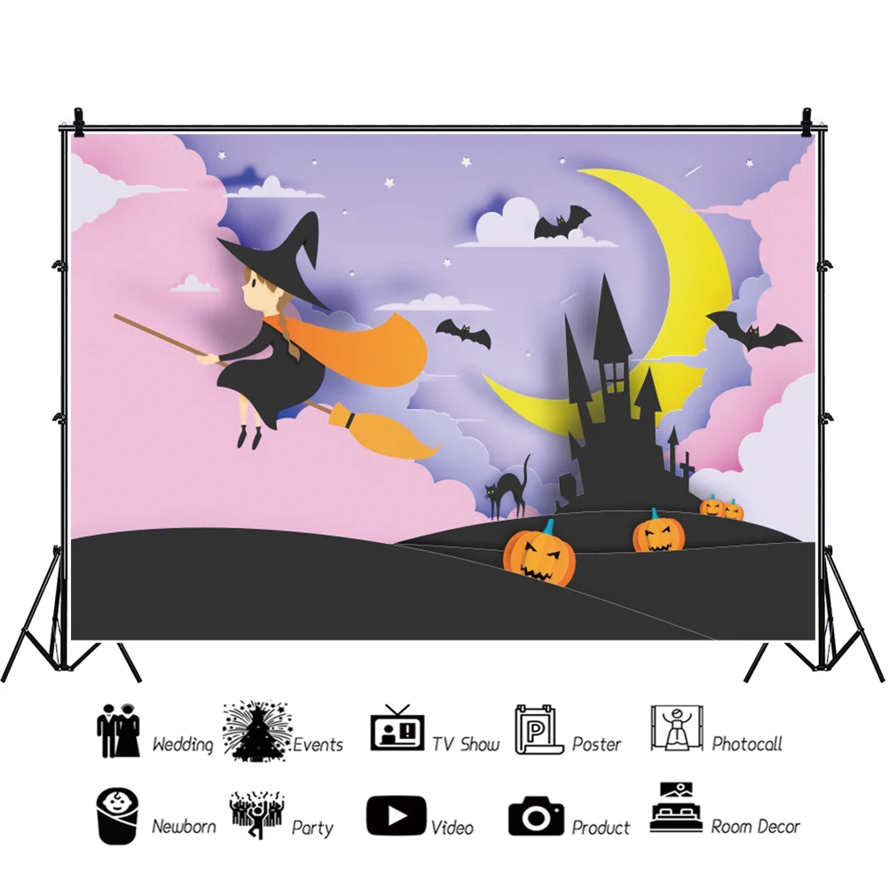 Laeacco Pink Kartun Labu Hantu Penyihir Fotografi Latar Belakang Halloween Bertema Anak Perempuan Ulang Tahun Bayi Mandi Foto Latar Belakang