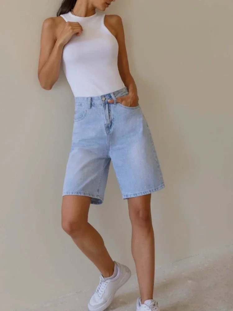High Waist Women's Denim Shorts Fashion Vintage Casual Loose Black Shorts Summer High Street Oversize Straight Wide Leg Pants