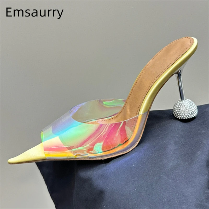 

Sexy Pointed Toe PVC Transparent Sandals Women Rhinestone Diamond Strange Heel Slingbacks Summer Mules