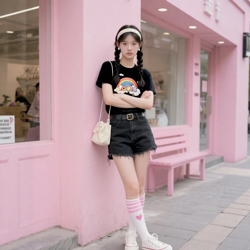 

Chun yu yin jia Fashion High Street Designer classic Louis Letters Pattern Printing Short-Sleeved Black T-Shirt for women tee