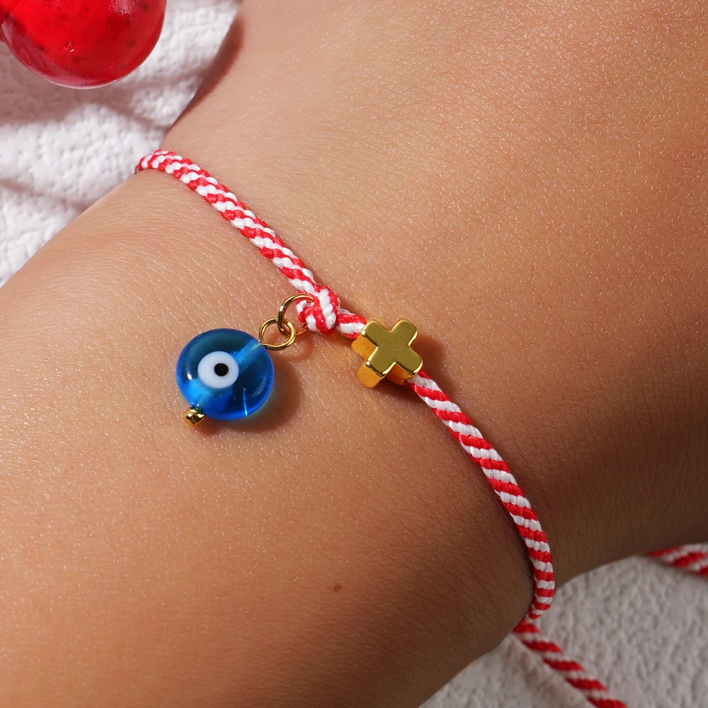 Shinus 2024 New Martis Spring Glass Hope Evil Eye And Copper Cross Greek March Bracelet For Women Dainty Jewelry Birthday Gift