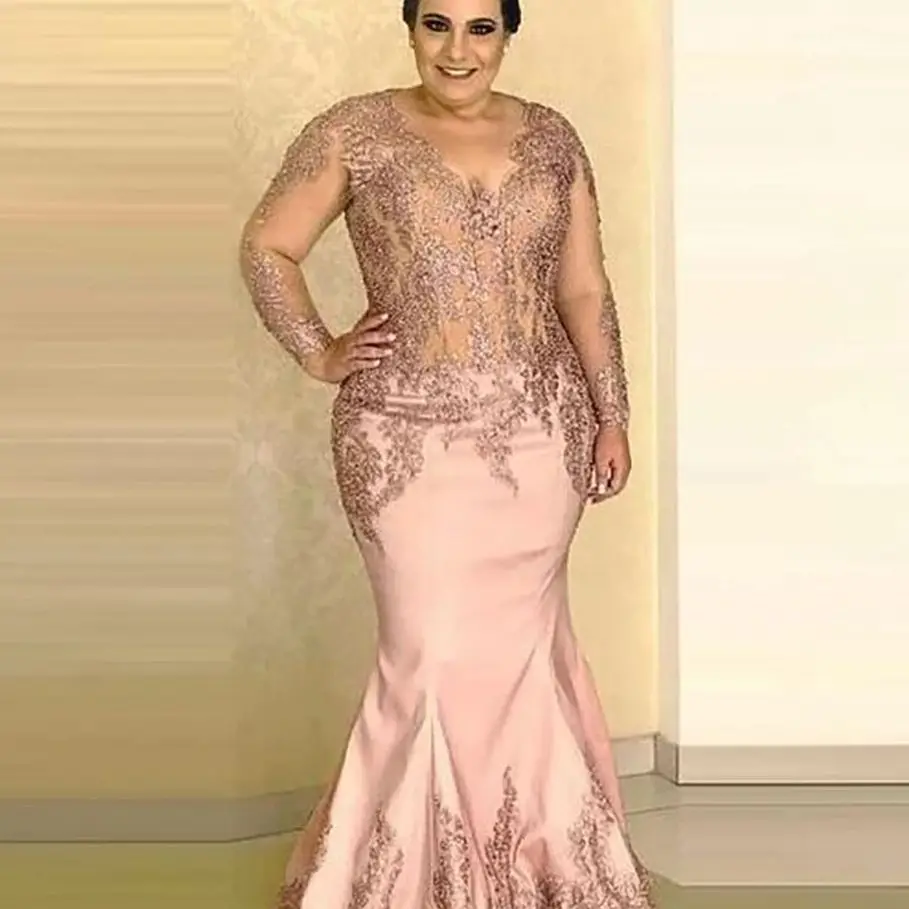 Pink Elegant Evening Dresses Lace Appliques Sheer Top Long Sleeves Mermaid V-Neck Long Bridal Moms Wear שמלות ערב עם גק