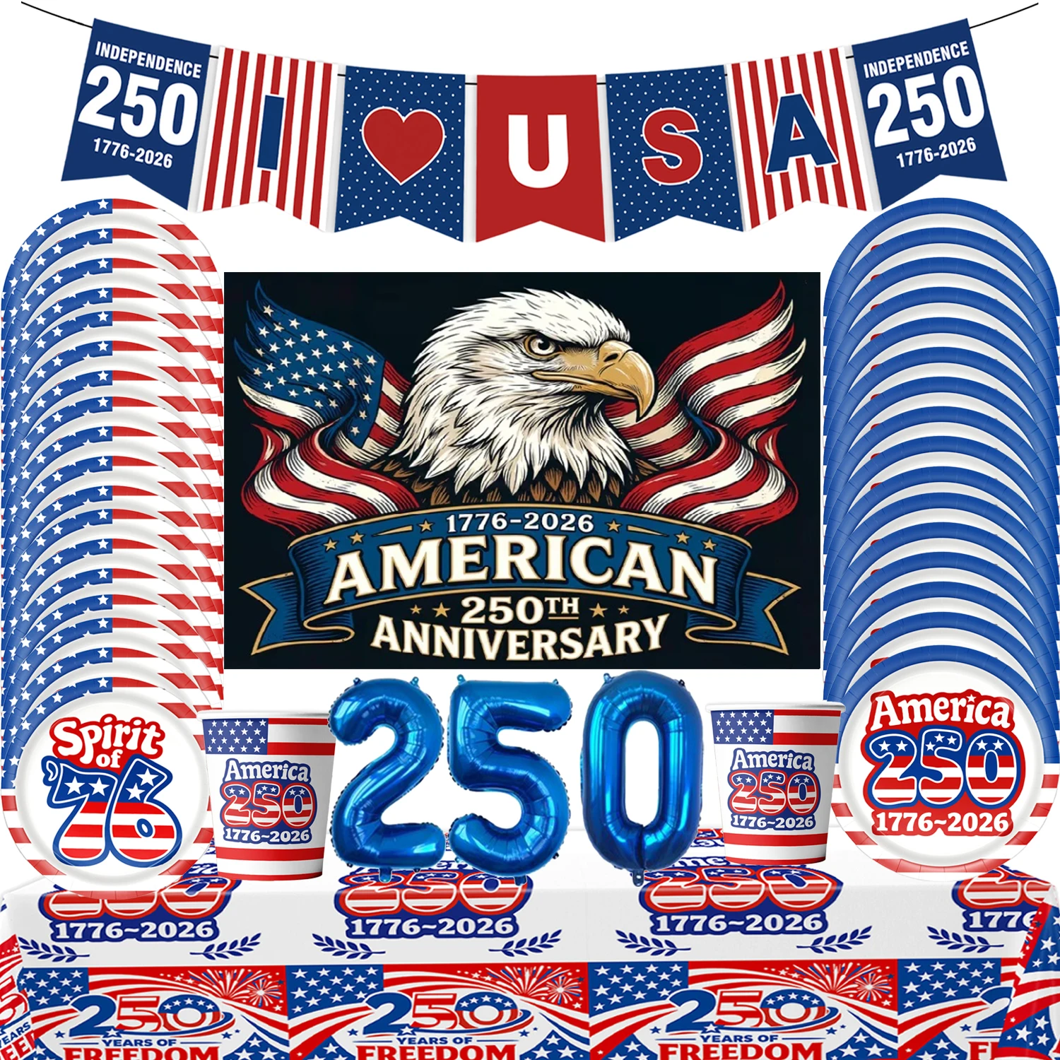 

American Independence Day Theme Festival Party Decorations 250th Anniversary Celebration Cup Plate Tableware Background Supplies