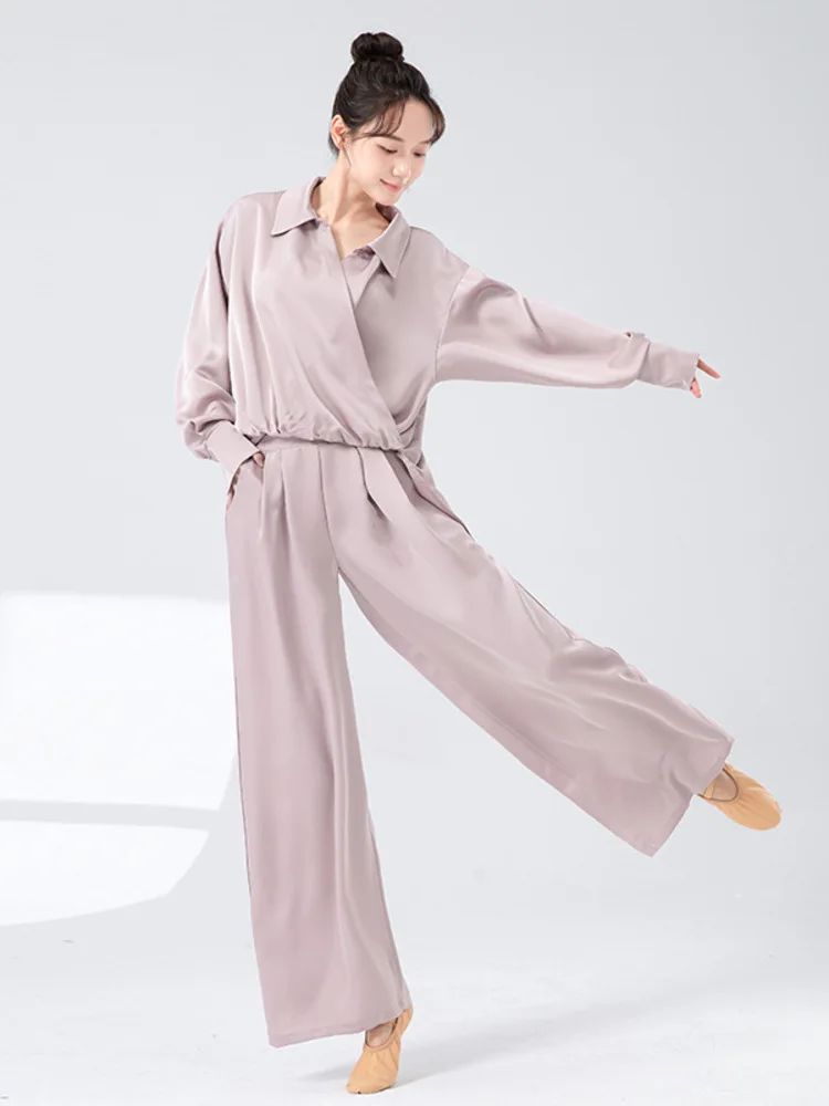 Top con risvolto vestibilità ampia in tinta unita e pantaloni a gamba larga a vita alta – Elegante abbigliamento da ballo per spettacoli, pratica e allenamento