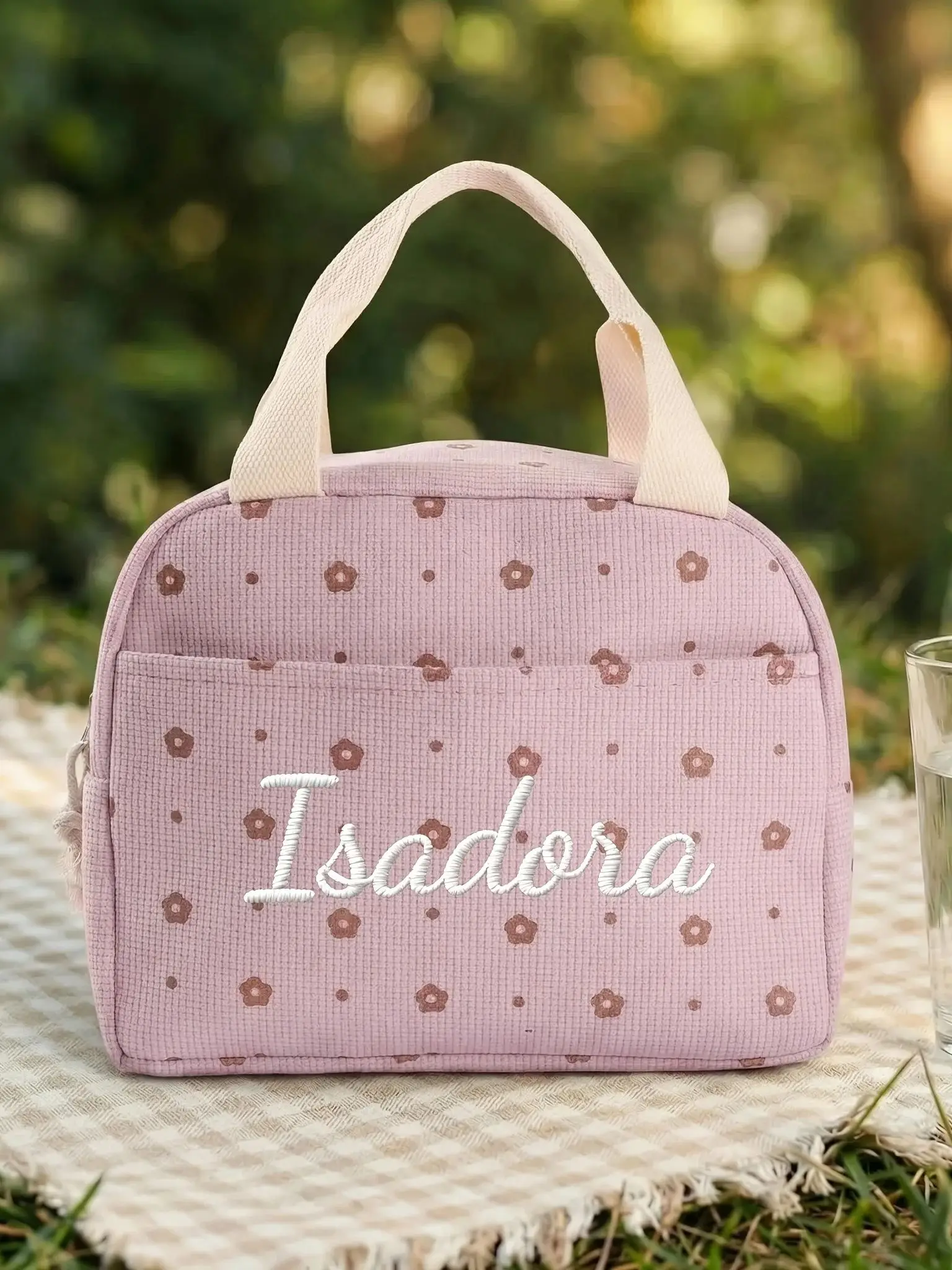 Mit gesticktem Namen und Blumenmuster bedruckte Lebensmittelhandtaschen, tragbare Thermo-Lunch-Tasche, wasserdichte, isolierte Tasche für Büro und Camping – Detail 7