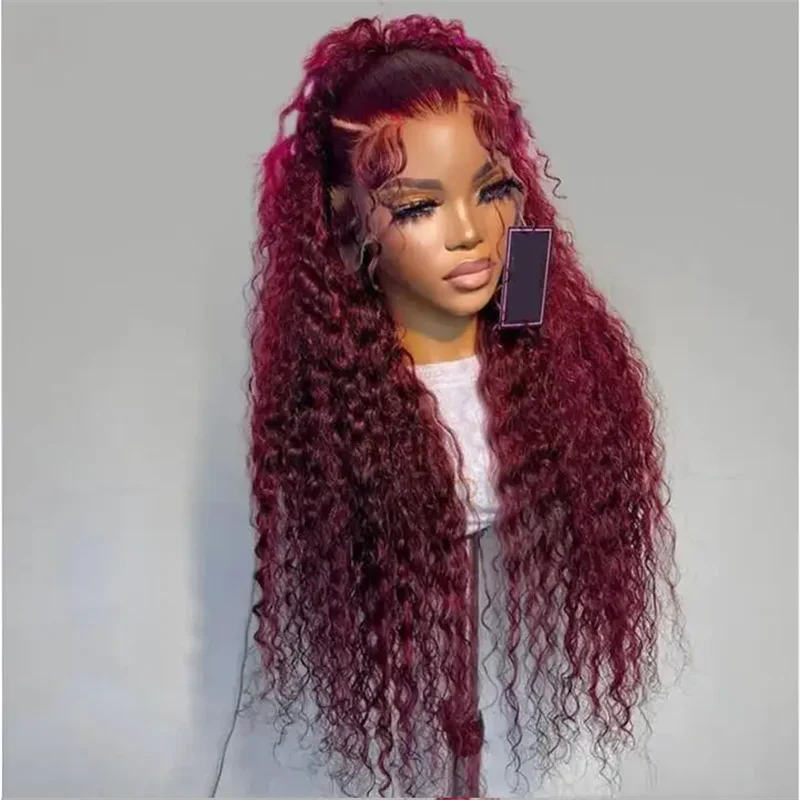 Perruque Lace Front Wig sans colle naturelle, cheveux crépus bouclés, bordeaux, longs, doux, pre-plucked, 26 pouces, densité 180, pour femmes noires, cheveux de bébé 03/