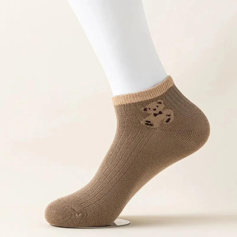 5 Pairs of Cute Teddy Bear WOMEN\'S Short Socks with Shallow Mouthed Spring and Summer Casual Matching Short Tube Boat Socks