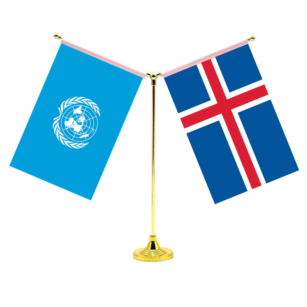 

14x21cm Mini Icelandic Flag Office Decoration With Two Flags Of The United Nations And Iceland