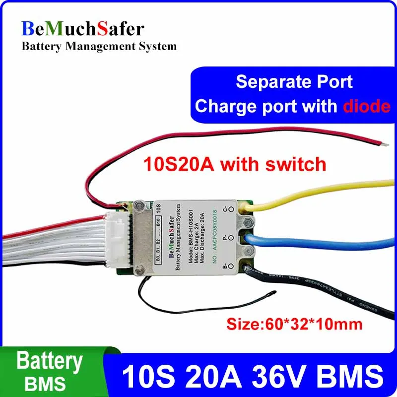 온도 센서 온/오프 스위치가 있는 PCM 분리 포트, DIY 전기 자전거 전기 스쿠터 배터리 팩용 배터리, 10S 20A, 36V, BMS 10S20A