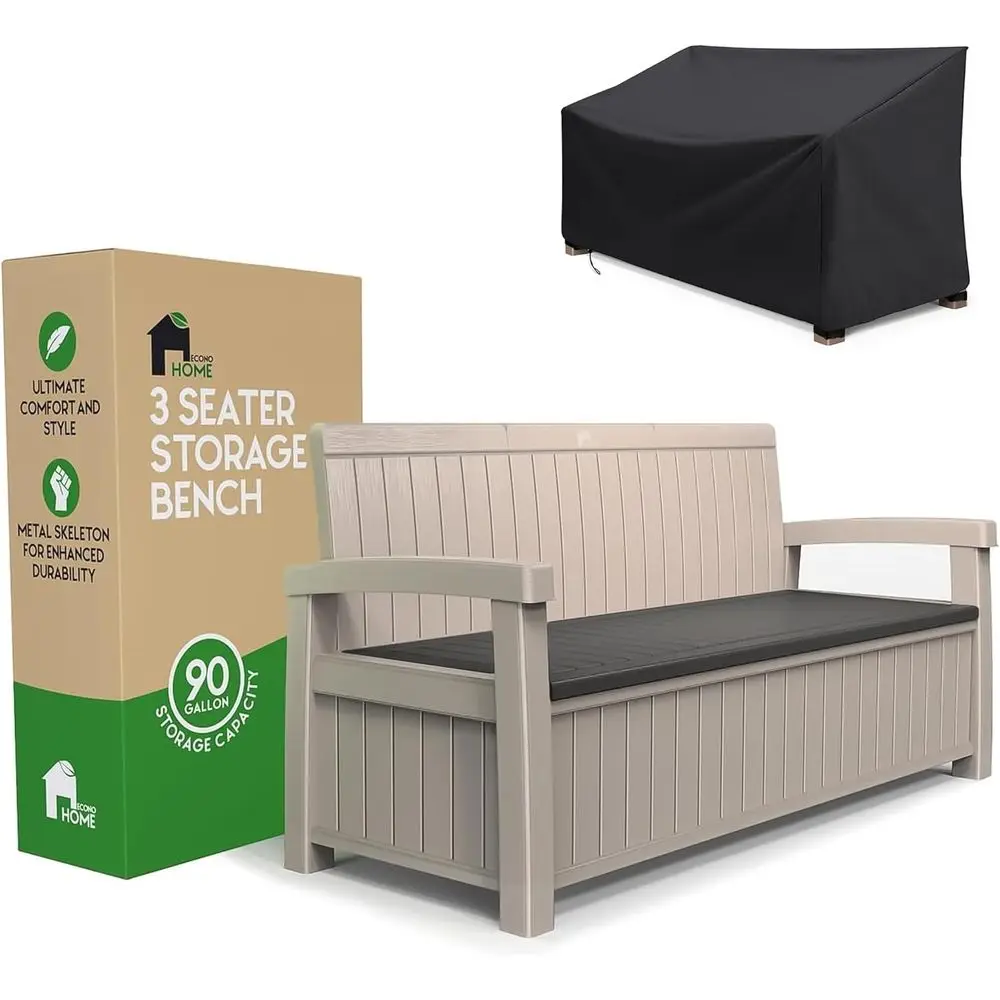 

3-Seat Outdoor Storage Bench with Rain Cover - 90 Gallon Capacity - Weatherproof Resin for Patio, Garden, and Pool Area