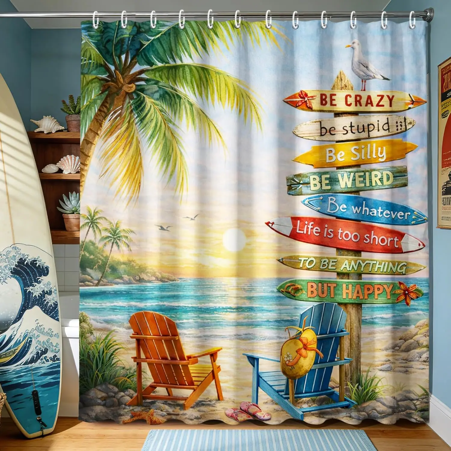 

Tropical Beach Shower Curtain Summer Coastal Palm Tree Shower Curtain for Bathroom Nautical Ocean Sunset Colorful Surfboard Art
